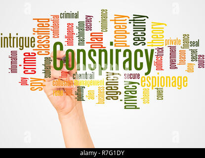 Conspiracy word cloud and hand with marker concept on white background. Stock Photo