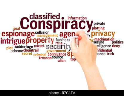 Conspiracy word cloud hand writing concept on white background. Stock Photo