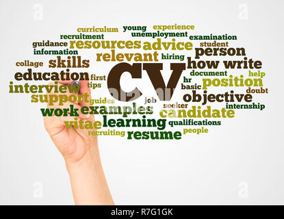 CV curriculum vitae word cloud and hand with marker concept concept on white background. Stock Photo