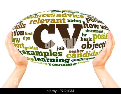 CV curriculum vitae word cloud hand sphere concept on white background. Stock Photo