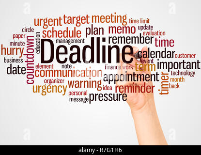 Deadline word cloud and hand with marker concept on white background. Stock Photo