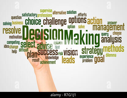 Decision Making word cloud and hand with marker concept on white background. Stock Photo