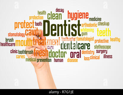 Dentist word cloud and hand with marker concept on white background. Stock Photo