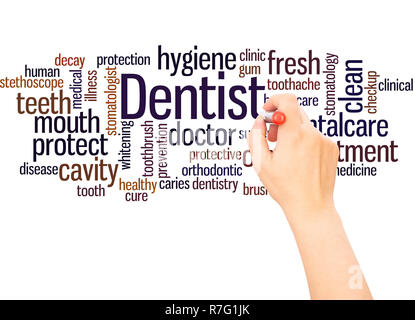 Dentist word cloud hand writing concept on white background. Stock Photo