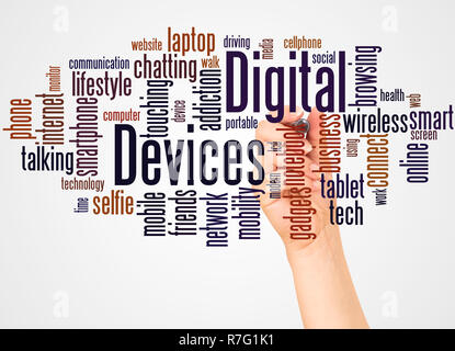 Digital Devices word cloud and hand with marker concept on white background. Stock Photo