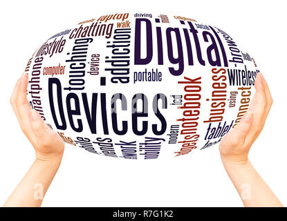 Digital Devices word cloud hand sphere concept on white background. Stock Photo