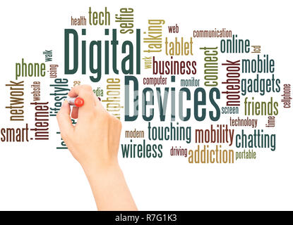 Digital Devices word cloud hand writing concept on white background. Stock Photo
