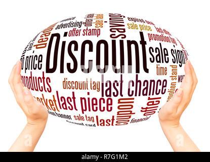 Discount word cloud hand sphere concept on white background. Stock Photo