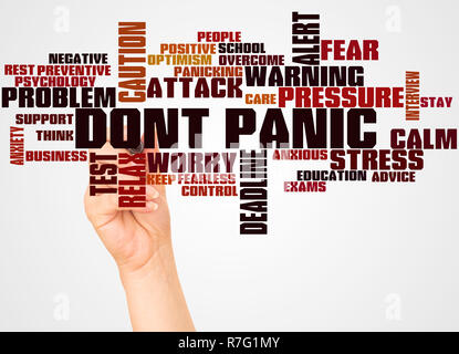 Dont Panic word cloud and hand with marker concept on white background. Stock Photo