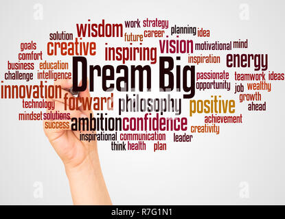 Dream Big word cloud and hand with marker concept on white background. Stock Photo