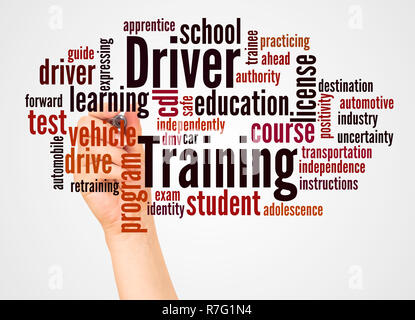 Driver Training word cloud and hand with marker concept on white background. Stock Photo