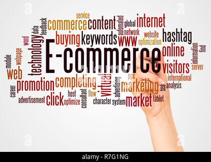 E-commerce word cloud and hand with marker concept on white background. Stock Photo