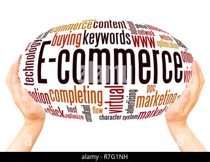 E-commerce word cloud hand sphere concept on white background. Stock Photo