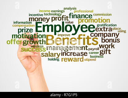 Employee benefits word cloud and hand with marker concept on white background. Stock Photo