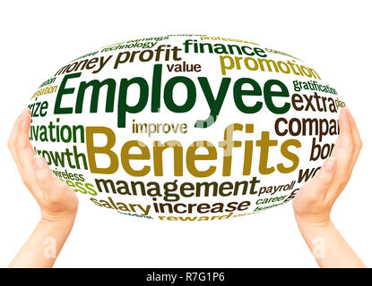 Employee benefits word cloud hand sphere concept on white background. Stock Photo
