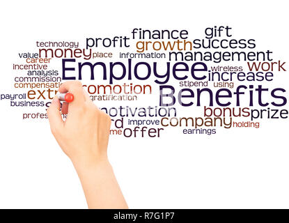 Employee benefits word cloud hand writing concept on white background. Stock Photo