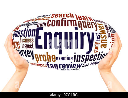 Enquiry word cloud hand sphere concept on white background. Stock Photo