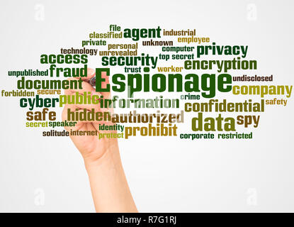 Espionage word cloud and hand with marker concept on white background. Stock Photo