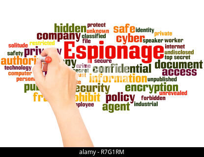 Espionage word cloud hand writing concept on white background. Stock Photo