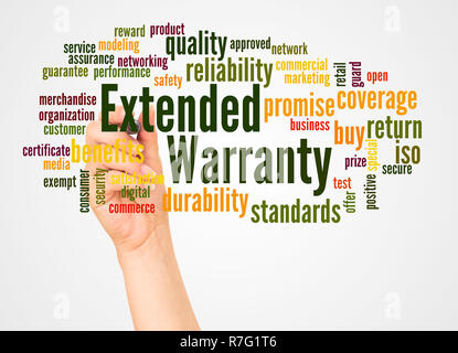 Extended Warranty word cloud and hand with marker concept on white background. Stock Photo