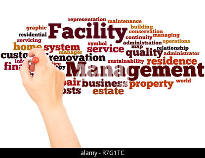 Facility Management word cloud hand writing concept on white background. Stock Photo