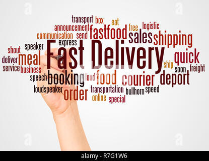 Fast Delivery word cloud and hand with marker concept on white background. Stock Photo