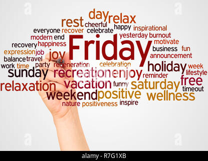 Friday word cloud and hand with marker concept on white background. Stock Photo