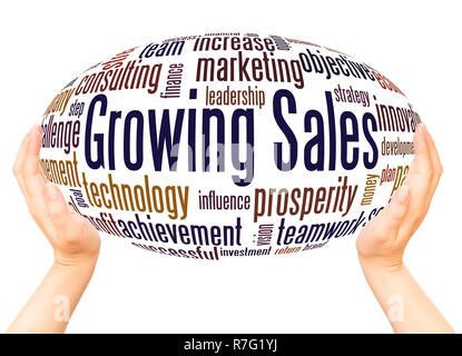 Growing Sales word cloud hand sphere concept on white background. Stock Photo