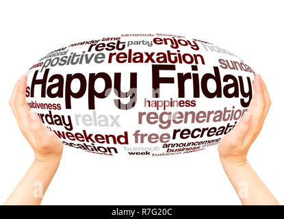 Happy Friday word cloud hand sphere concept on white background. Stock Photo
