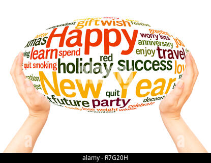 Happy New Year word cloud hand sphere concept on white background. Stock Photo