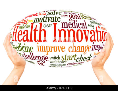 Health Innovation word cloud hand sphere concept on white background. Stock Photo