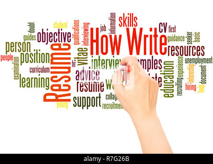How write resume word cloud hand writing concept on white background. Stock Photo