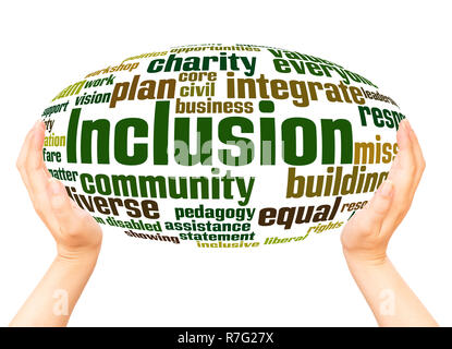 Inclusion word cloud and hand Inclusion word cloud hand sphere concept on white background. Stock Photo