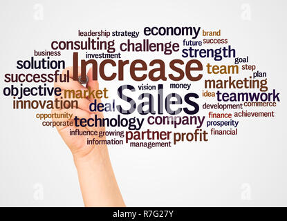 Increase Sales word cloud and hand with marker concept on white background. Stock Photo