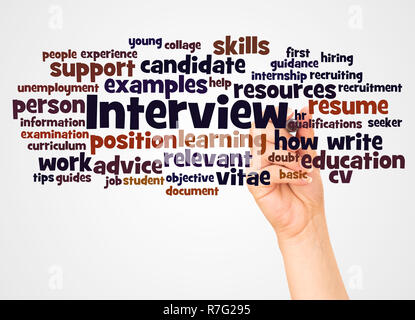 Interview curriculum vitae word cloud and hand with marker concept on white background. Stock Photo