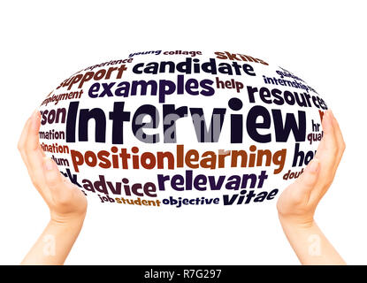 Interview curriculum vitae word cloud hand sphere concept on white background. Stock Photo