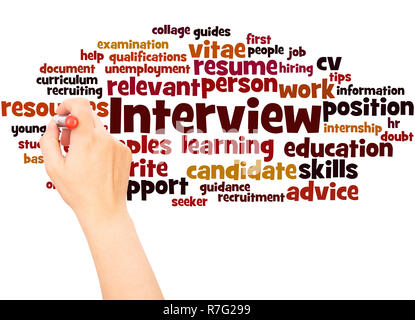 Interview curriculum vitae word cloud hand writing concept on white background. Stock Photo