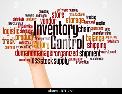 Inventory Control word cloud and hand with marker concept on white background. Stock Photo