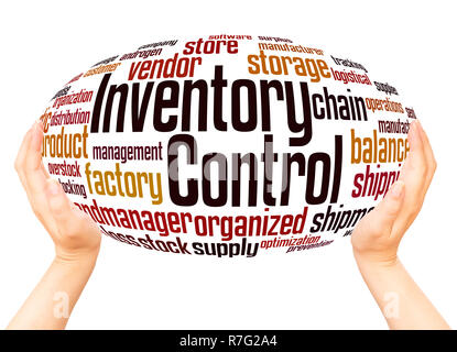 Inventory Control word cloud hand sphere concept on white background. Stock Photo
