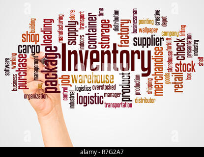 Inventory word cloud and hand with marker concept on white background. Stock Photo