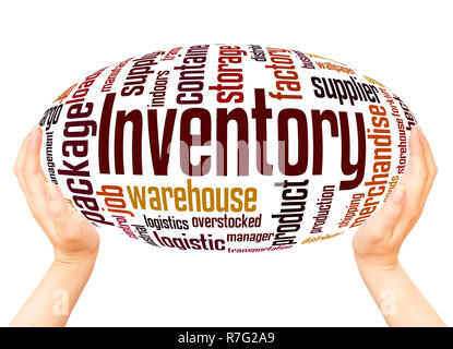 Inventory word cloud hand sphere concept on white background. Stock Photo