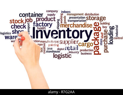 Inventory word cloud hand writing concept on white background. Stock Photo