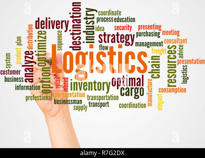 Logistics word cloud and hand with marker concept on white background. Stock Photo