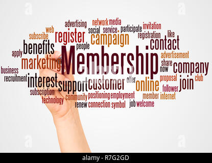 Membership word cloud and hand with marker concept on white background. Stock Photo