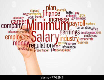 Minimum salary word cloud and hand with marker concept on white background. Stock Photo
