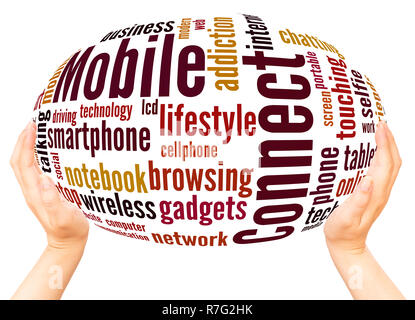 Mobile Connect word cloud hand sphere concept on white background. Stock Photo