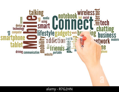 Mobile Connect word cloud hand writing concept on white background. Stock Photo