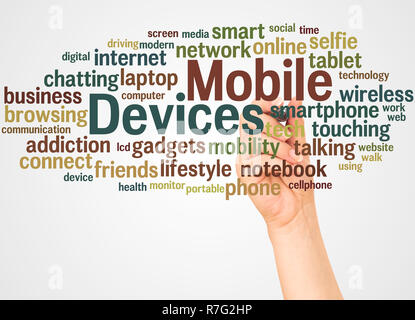 Mobile devices word cloud and hand with marker concept on white background. Stock Photo