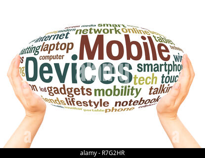 Mobile devices word cloud hand sphere concept on white background. Stock Photo