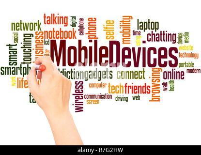 Mobile devices word cloud hand writing concept on white background. Stock Photo